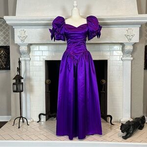Vintage 80s Purple Satin Poof Sleeves Bows Princes Dress Party Prom Medium
